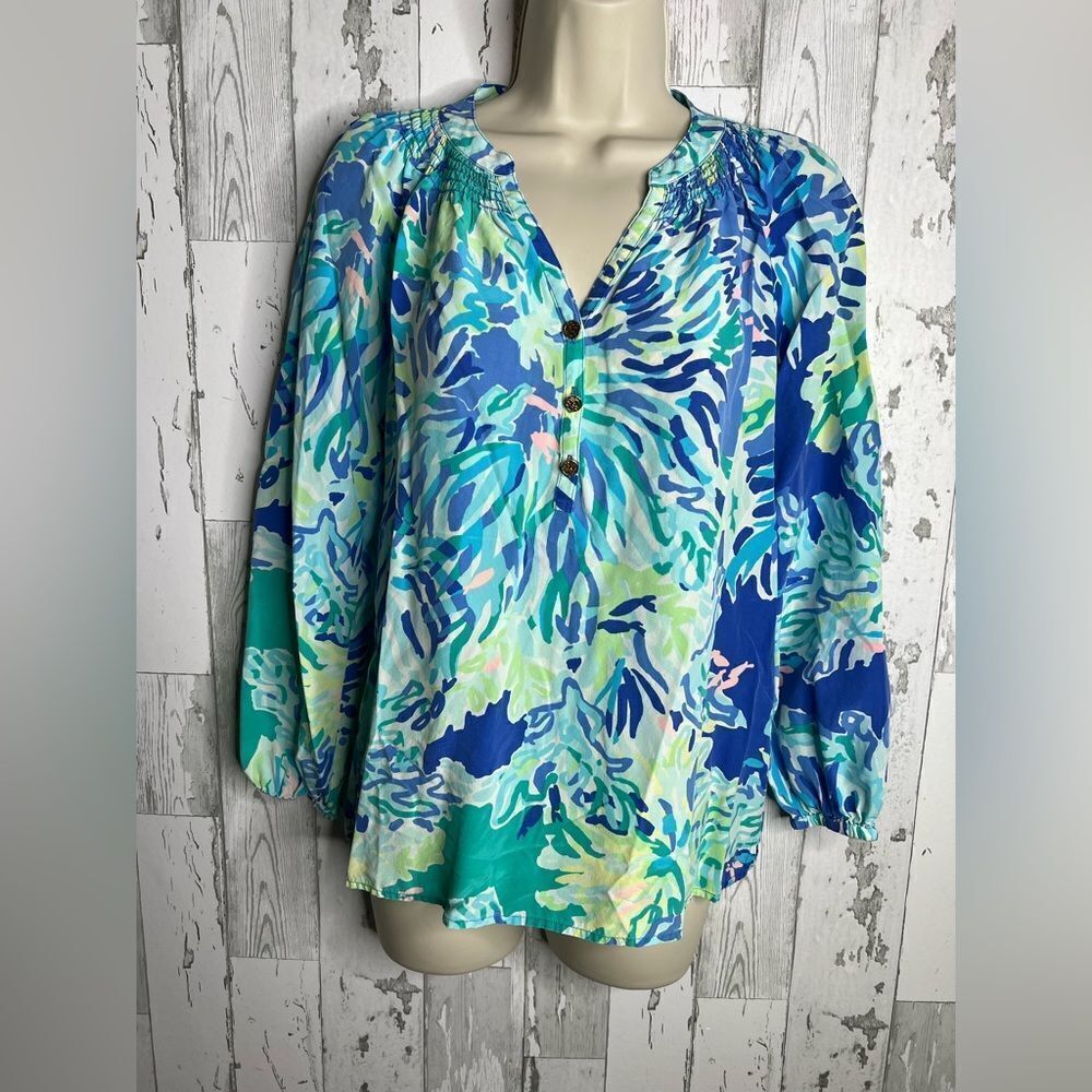 Lilly Pulitzer Elsa Leaf Tropical Silk Blouse Blue Green Tunic Shirt Top Size XS